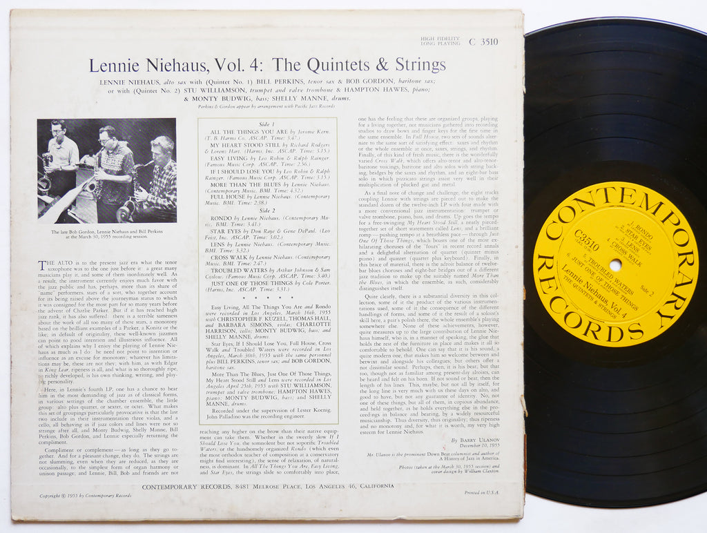 LENNIE NIEHAUS Vol. 4 The Quintets & Strings LP CONTEMPORARY C3510 Hampton Hawes