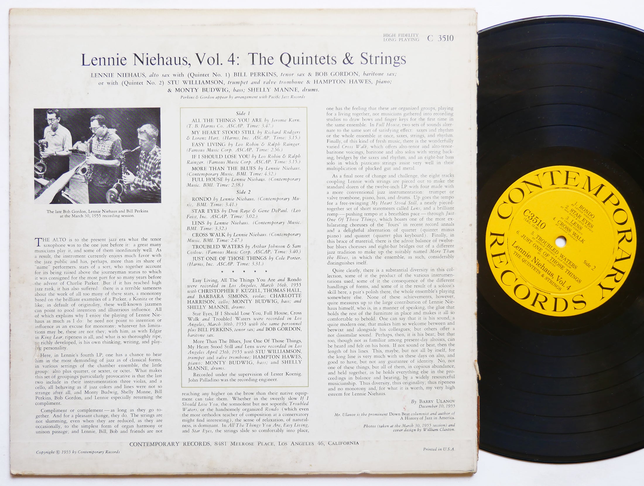 LENNIE NIEHAUS Vol. 4 The Quintets & Strings LP CONTEMPORARY C3510 Hampton Hawes