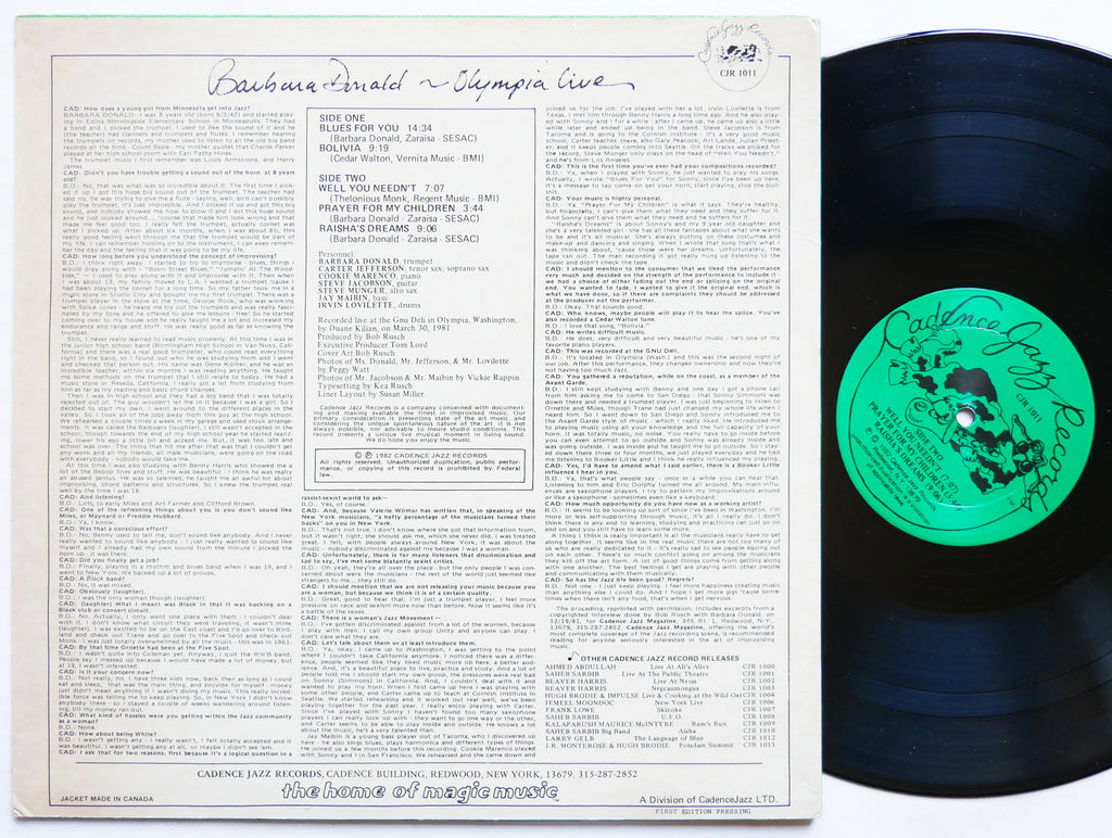 BARBARA DONALD & UNITY Olympia Live LP CADENCE JAZZ RECORDS CJR 1011 US 1982