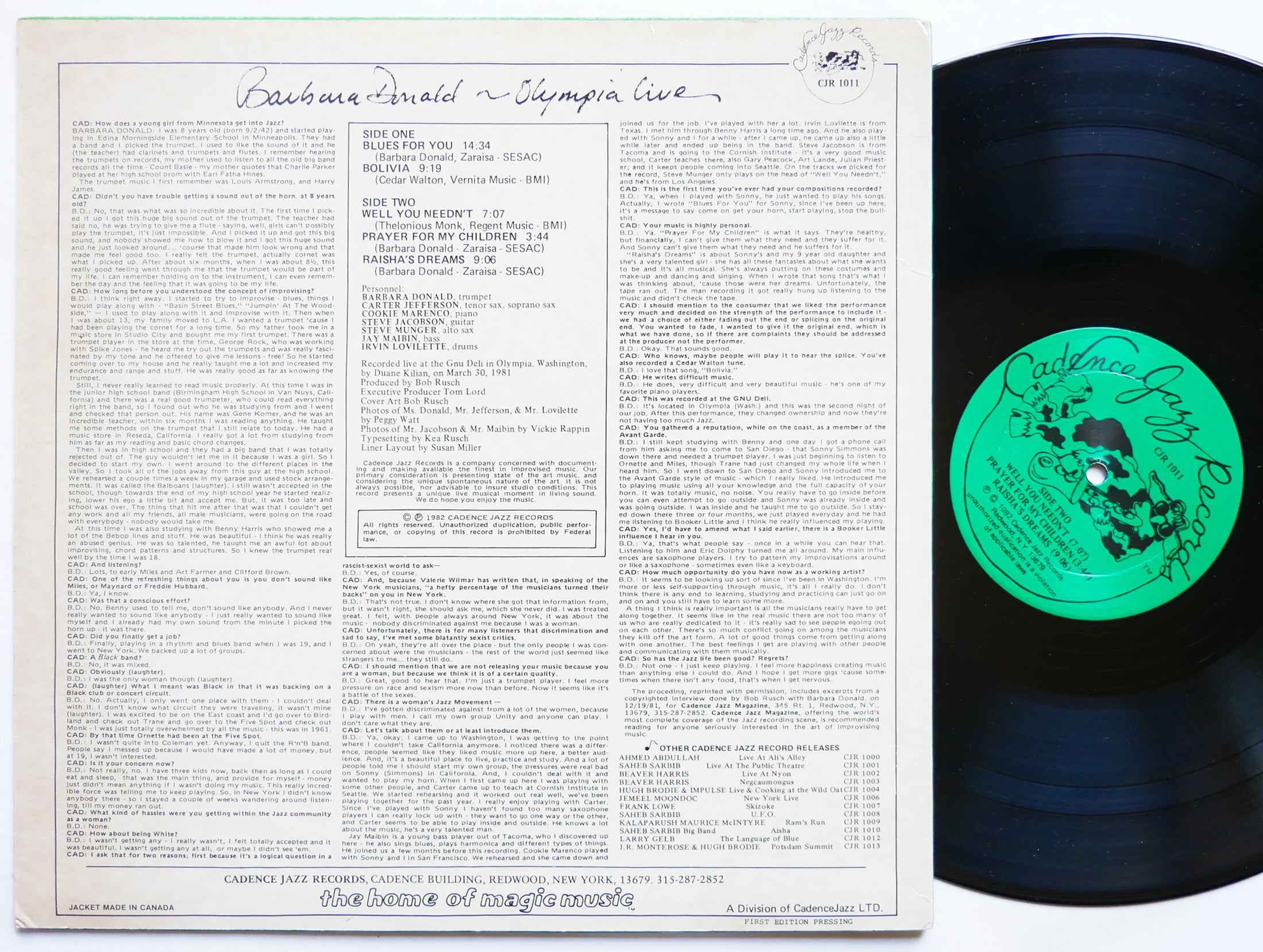 BARBARA DONALD & UNITY Olympia Live LP CADENCE JAZZ RECORDS CJR 1011 US 1982