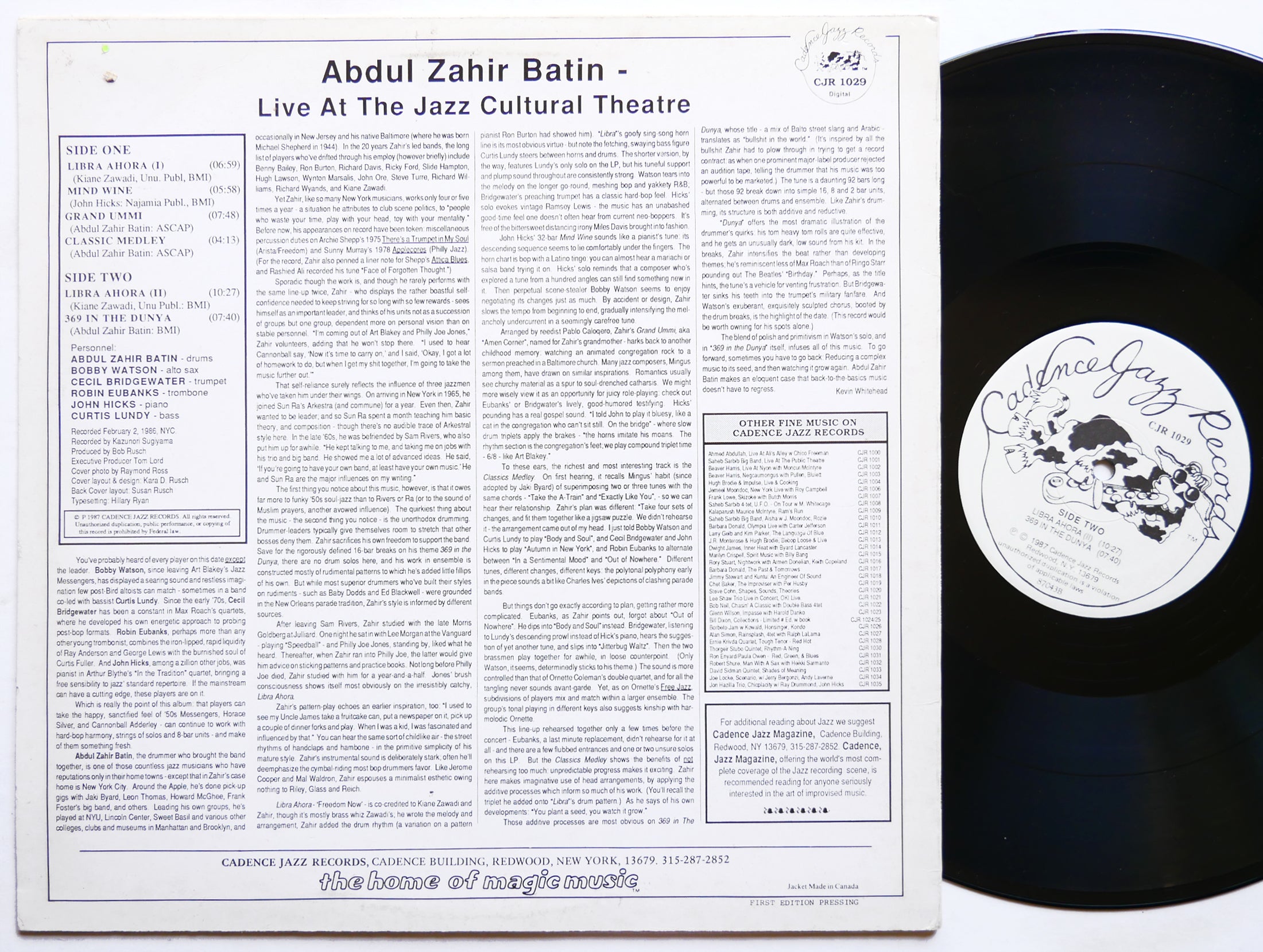 ABDUL ZAHIR BATIN Live At The Jazz Cultural Theatre LP CADENCE JAZZ CJR 1029