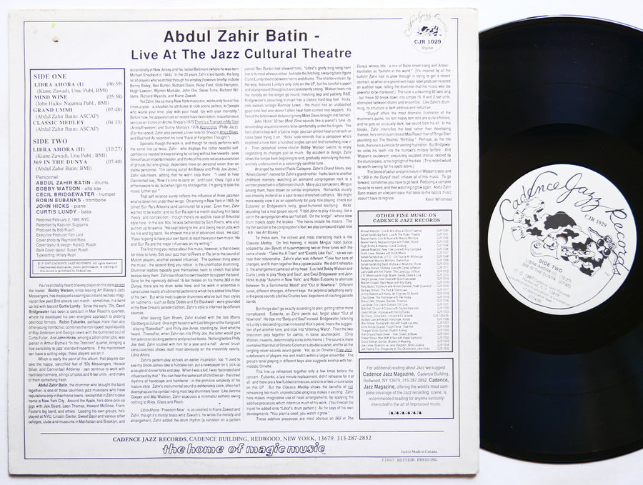 ABDUL ZAHIR BATIN Live At The Jazz Cultural Theatre LP CADENCE JAZZ CJR 1029