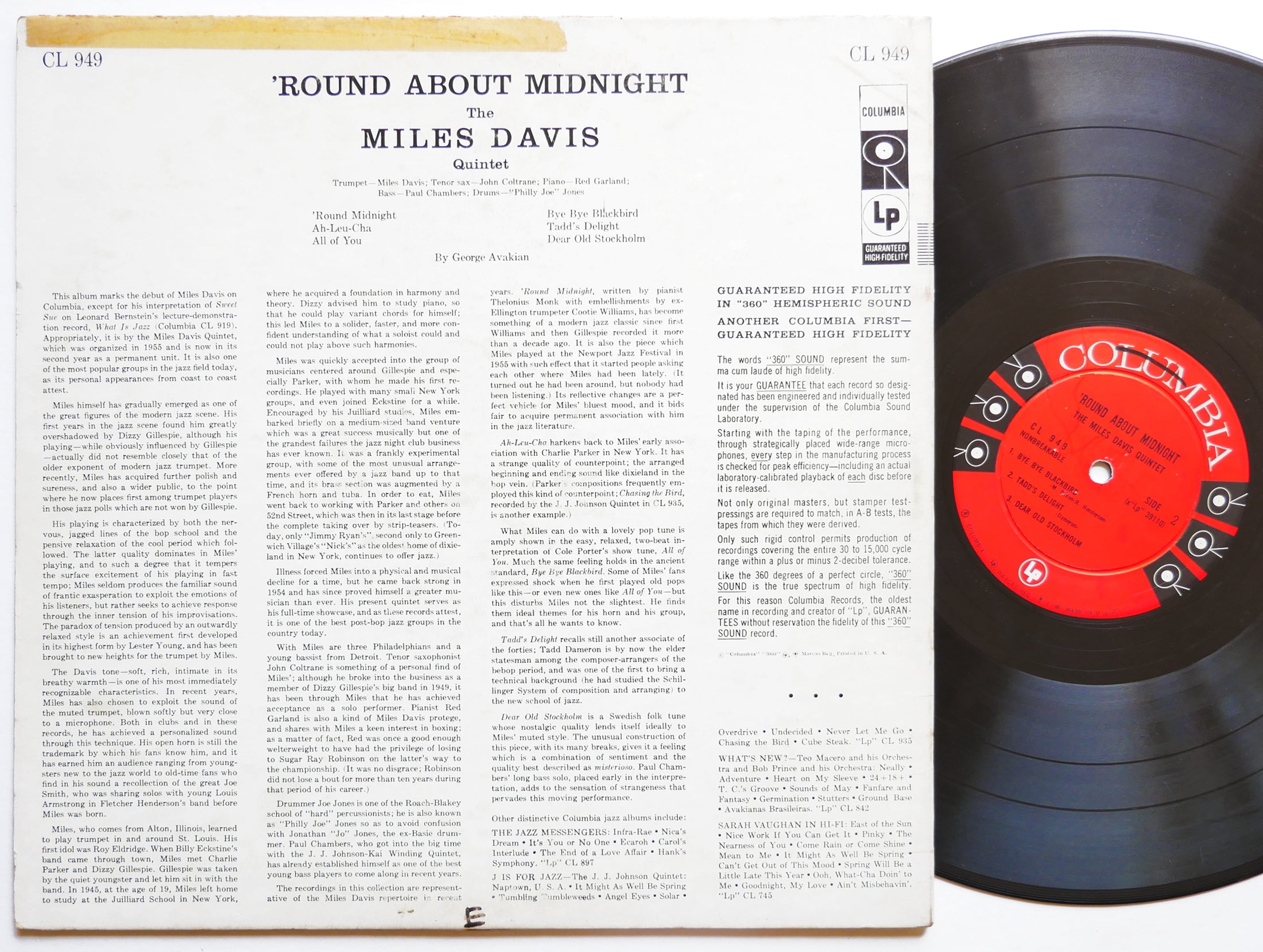MILES DAVIS 'Round About Midnight LP COLUMBIA CL 949 US 1957 MONO John Coltrane