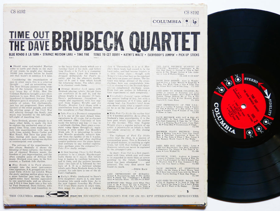 DAVE BRUBECK Quartet Time Out LP COLUMBIA CS 8192 US 1961 JAZZ 6-EYE Take Five