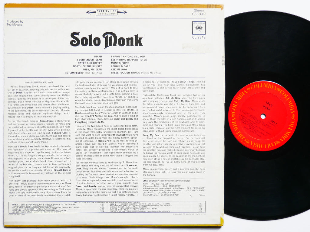THELONIOUS MONK Solo Monk LP COLUMBIA CS 9149 US 1970 JAZZ VG+