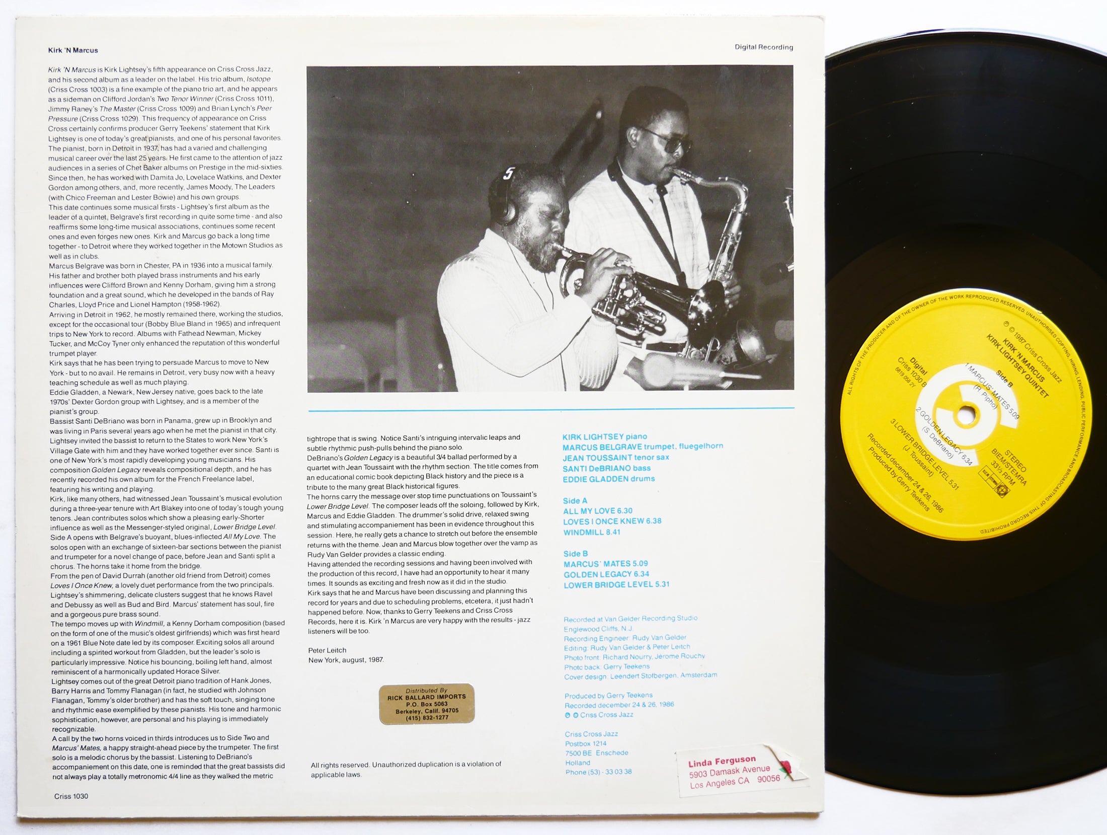 KIRK LIGHTSEY Quintet MARCUS BELGRAVE Kirk 'N Marcus LP CRISS CROSS JAZZ 1030