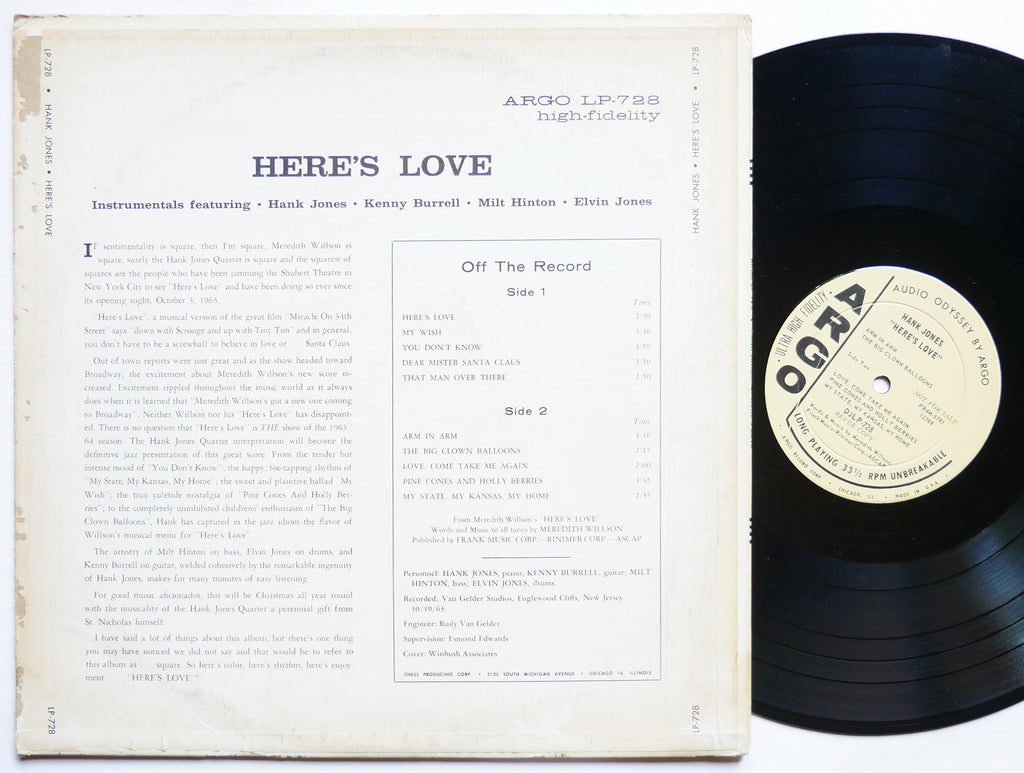 HANK JONES KENNY BURRELL ELVIN JONES Here's Love LP ARGO DJLP-728 US 1963 MONO