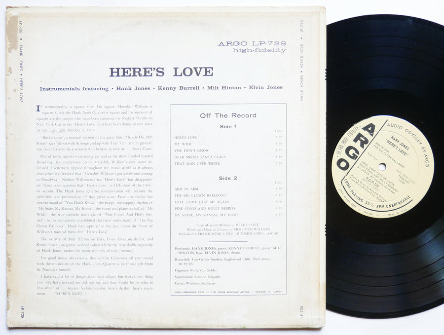 HANK JONES KENNY BURRELL ELVIN JONES Here's Love LP ARGO DJLP-728 US 1963 MONO