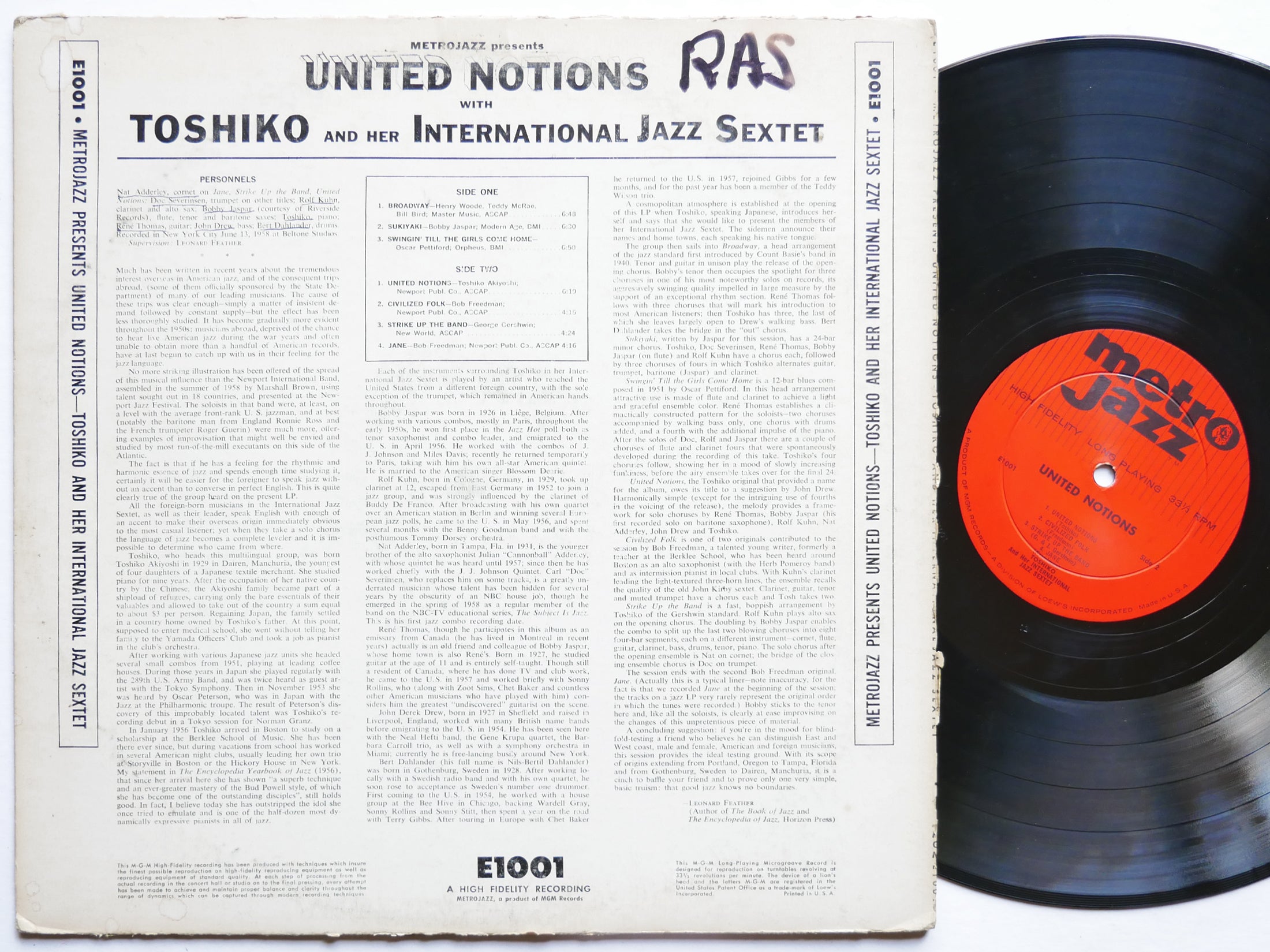 TOSHIKO AKIYOSHI United Notions LP METROJAZZ E 1001 US 1958 DG MONO Nat Adderley