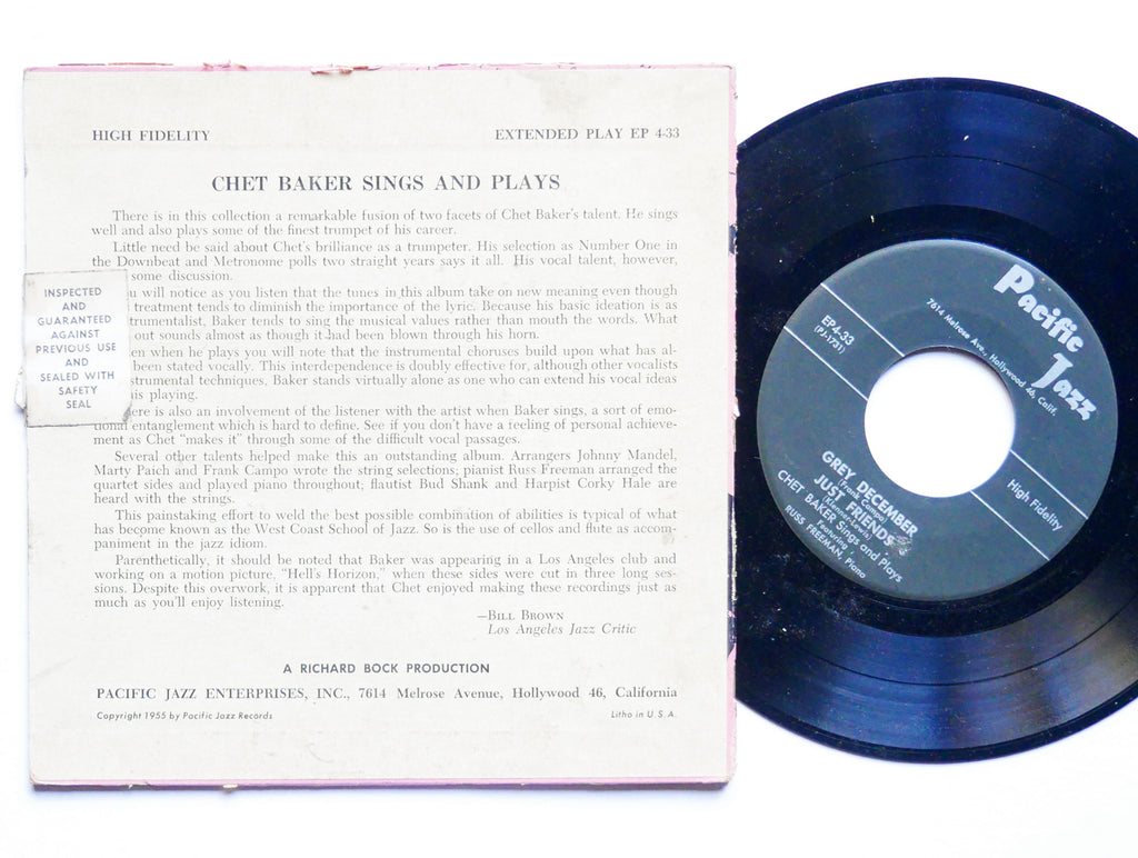 CHET BAKER Sings And Plays PACIFIC JAZZ RECORDS EP4-33 US 1955 JAZZ 45 EP