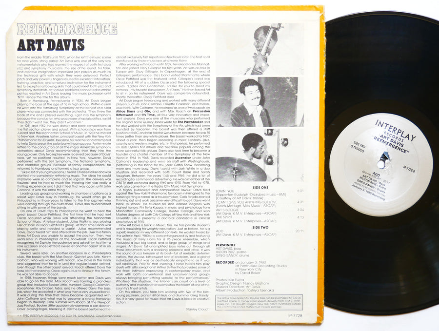 ART DAVIS Reemergence LP INTERPLAY RECORDS IP-7728 US '80 Greg Bandy Hilton Ruiz
