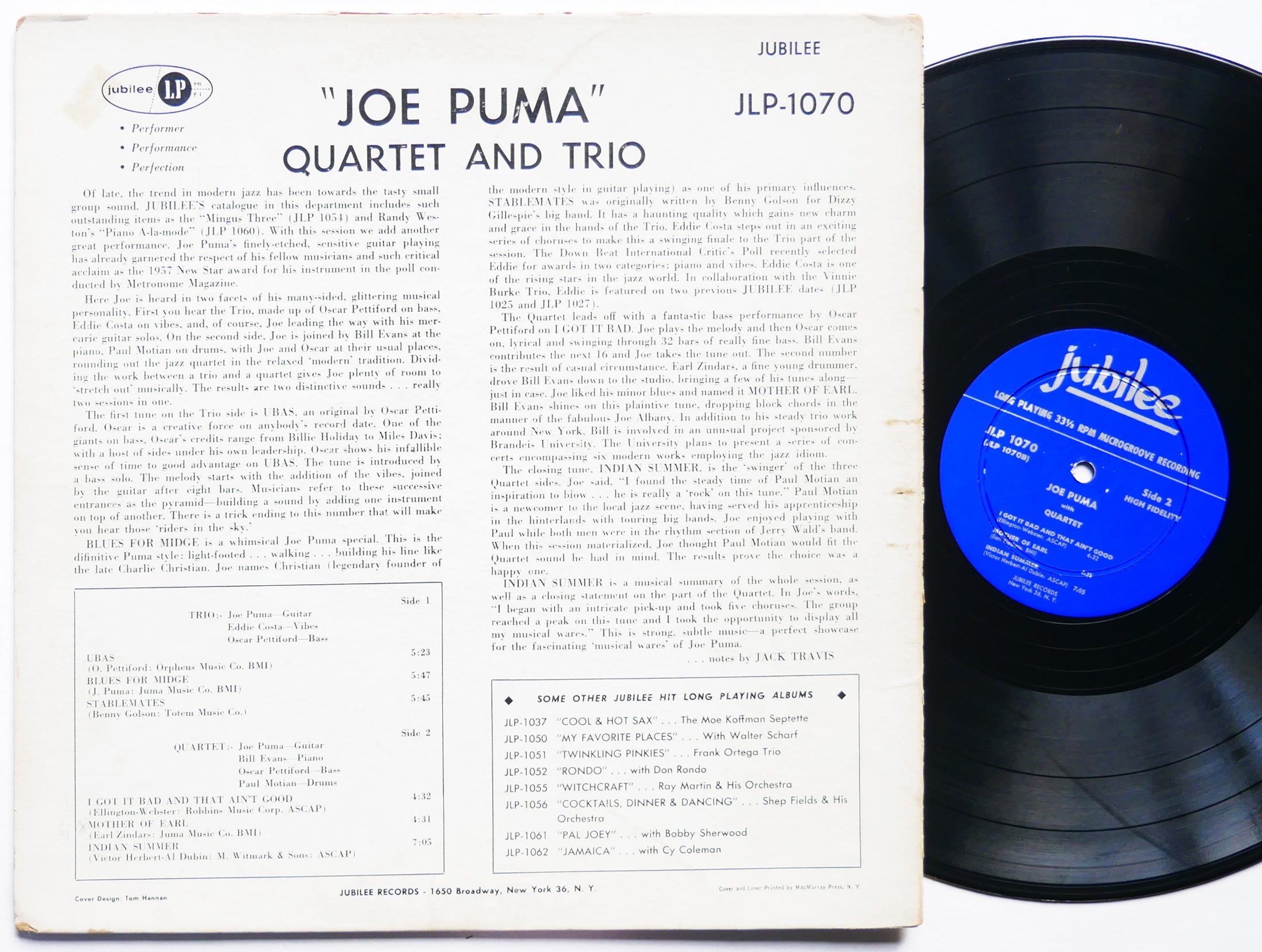 JOE PUMA Jazz LP JUBILEE JLP-1070 US 1958 DG MONO Bill Evans Oscar Pettiford