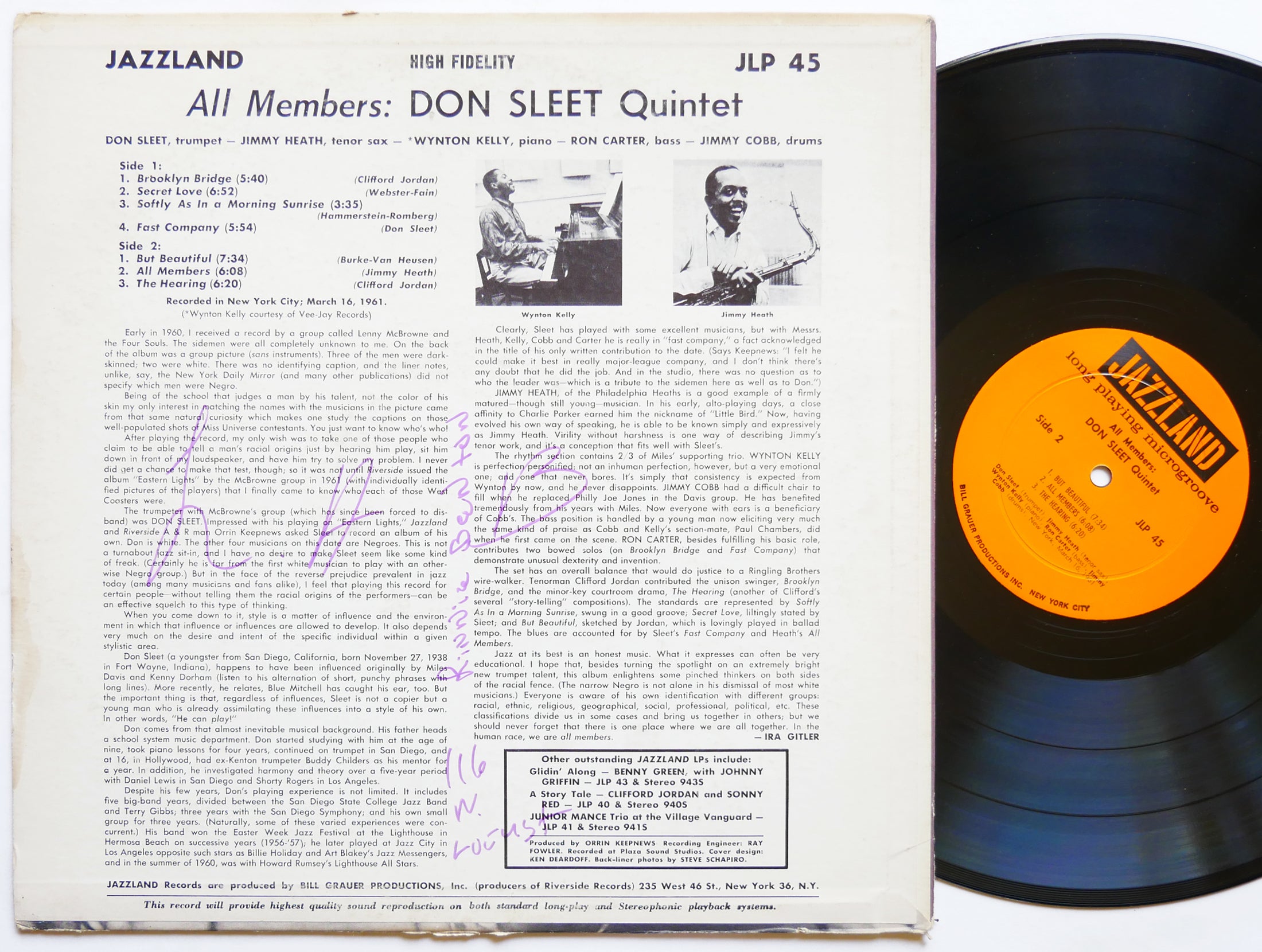 DON SLEET JIMMY HEATH WYNTON KELLY All Members LP JAZZLAND JLP 45 US '61 DG MONO