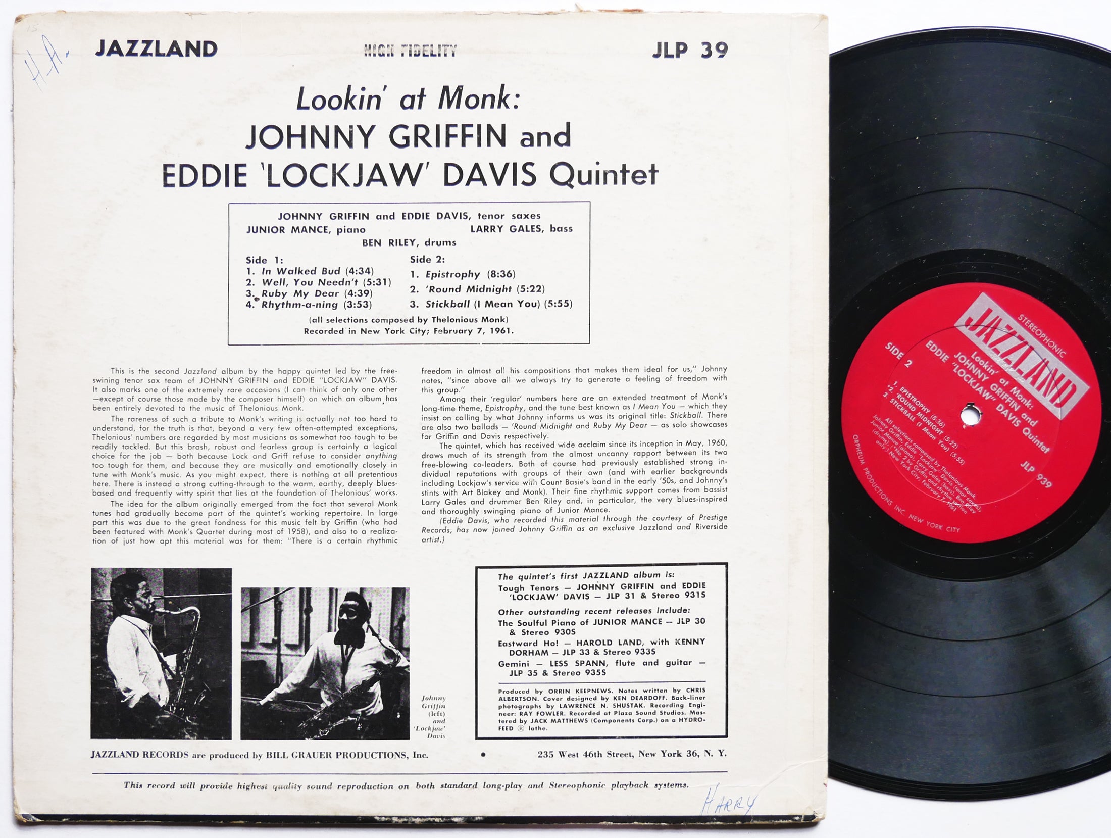 JOHNNY GRIFFIN EDDIE LOCKJAW DAVIS Quintet Lookin' At Monk LP JAZZLAND JLP 939