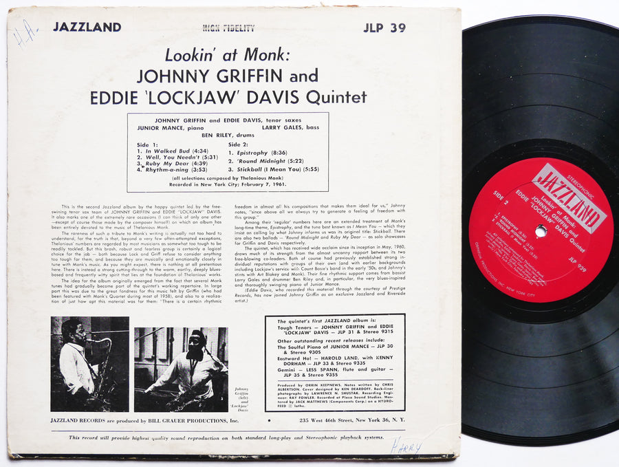 JOHNNY GRIFFIN EDDIE LOCKJAW DAVIS Quintet Lookin' At Monk LP JAZZLAND JLP 939