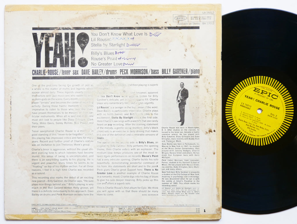 CHARLIE ROUSE Yeah! LP EPIC LA 16012 US 1961 DG MONO Dave Bailey Billy Gardner