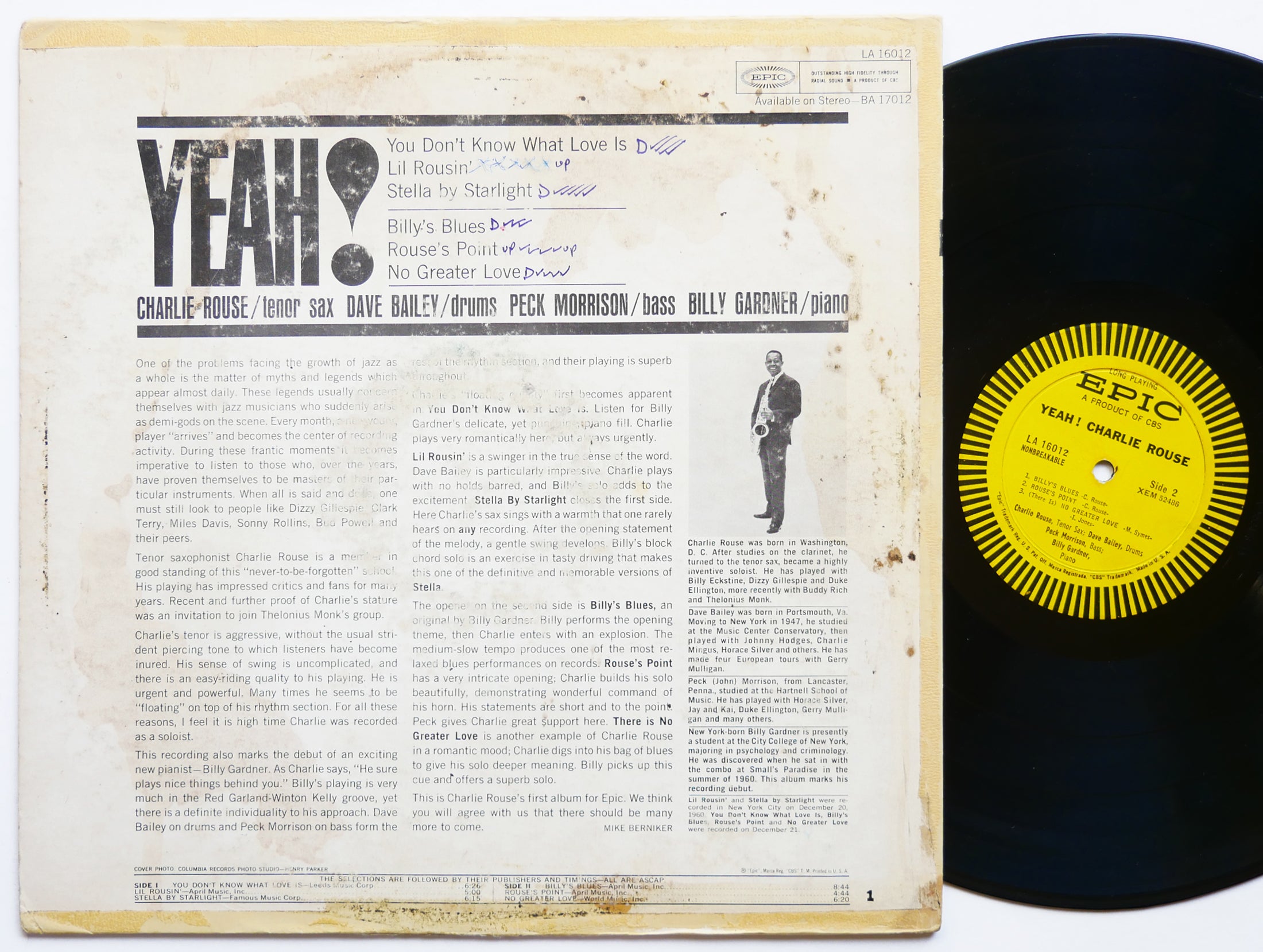 CHARLIE ROUSE Yeah! LP EPIC LA 16012 US 1961 DG MONO Dave Bailey Billy Gardner