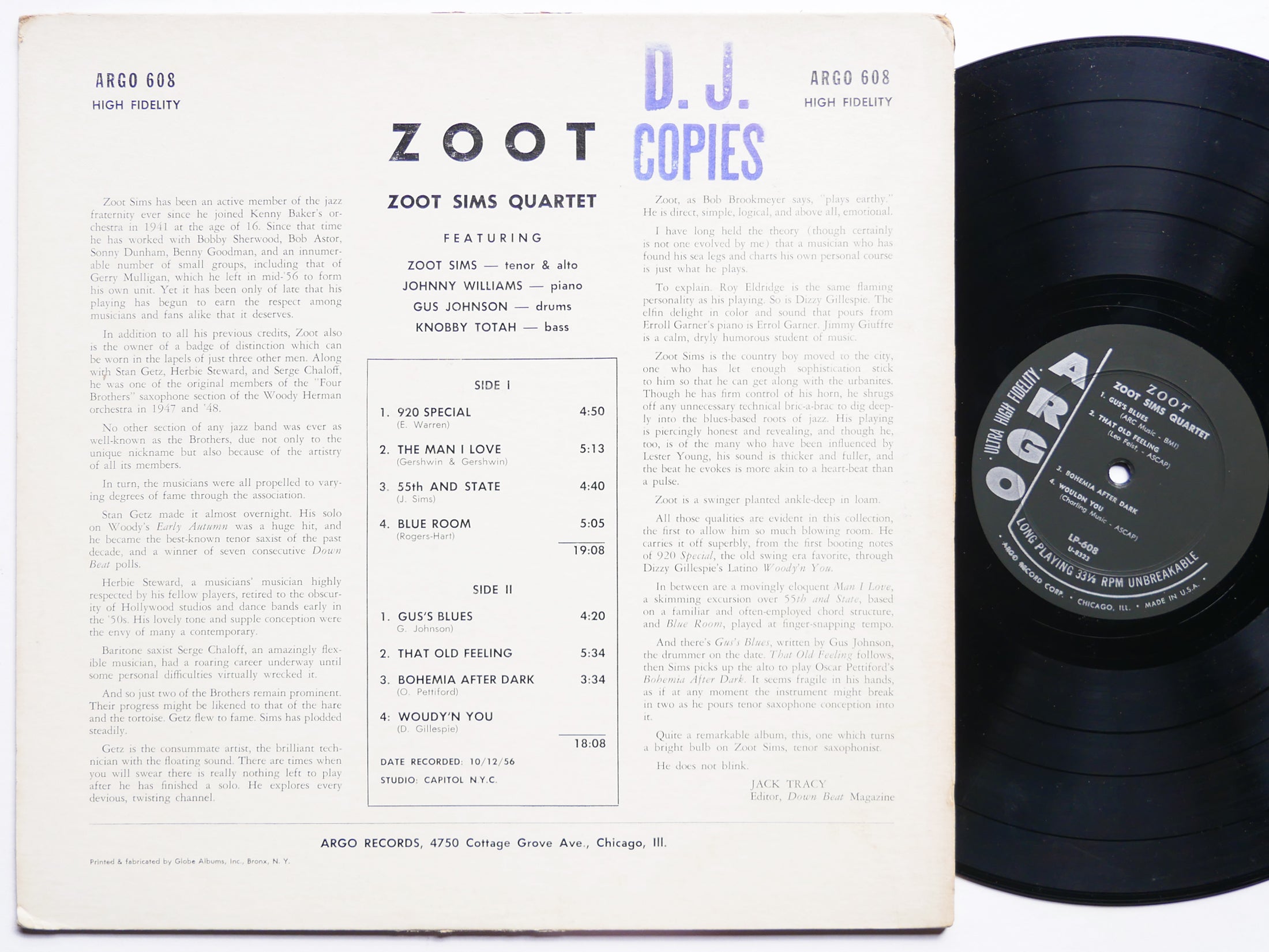 ZOOT SIMS Quartet Zoot LP ARGO LP 608 US 1957 DG MONO JAZZ Gus Johnson