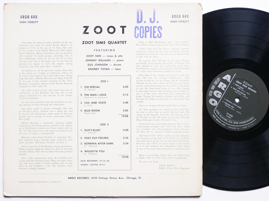 ZOOT SIMS Quartet Zoot LP ARGO LP 608 US 1957 DG MONO JAZZ Gus Johnson