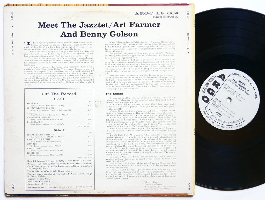 ART FARMER BENNY GOLSON Meet The Jazztet LP ARGO 664 US 1960 MONO Curtis Fuller