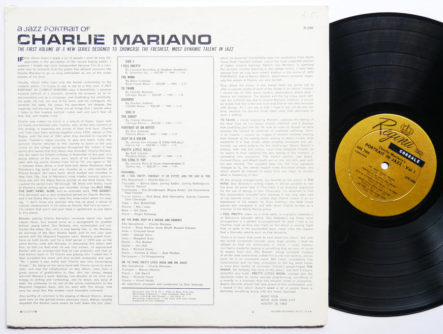 CHARLIE MARIANO A Jazz Portrait Of.. LP REGINA COMPANY LPR-286 US 1963 DG MONO