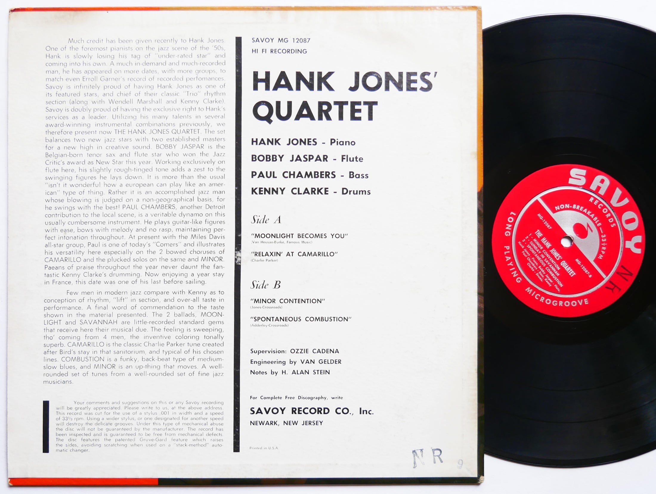 HANK JONES TRIO QUARTET LP SAVOY MG-12087 US 1956 RVG DG MONO Kenny Clarke