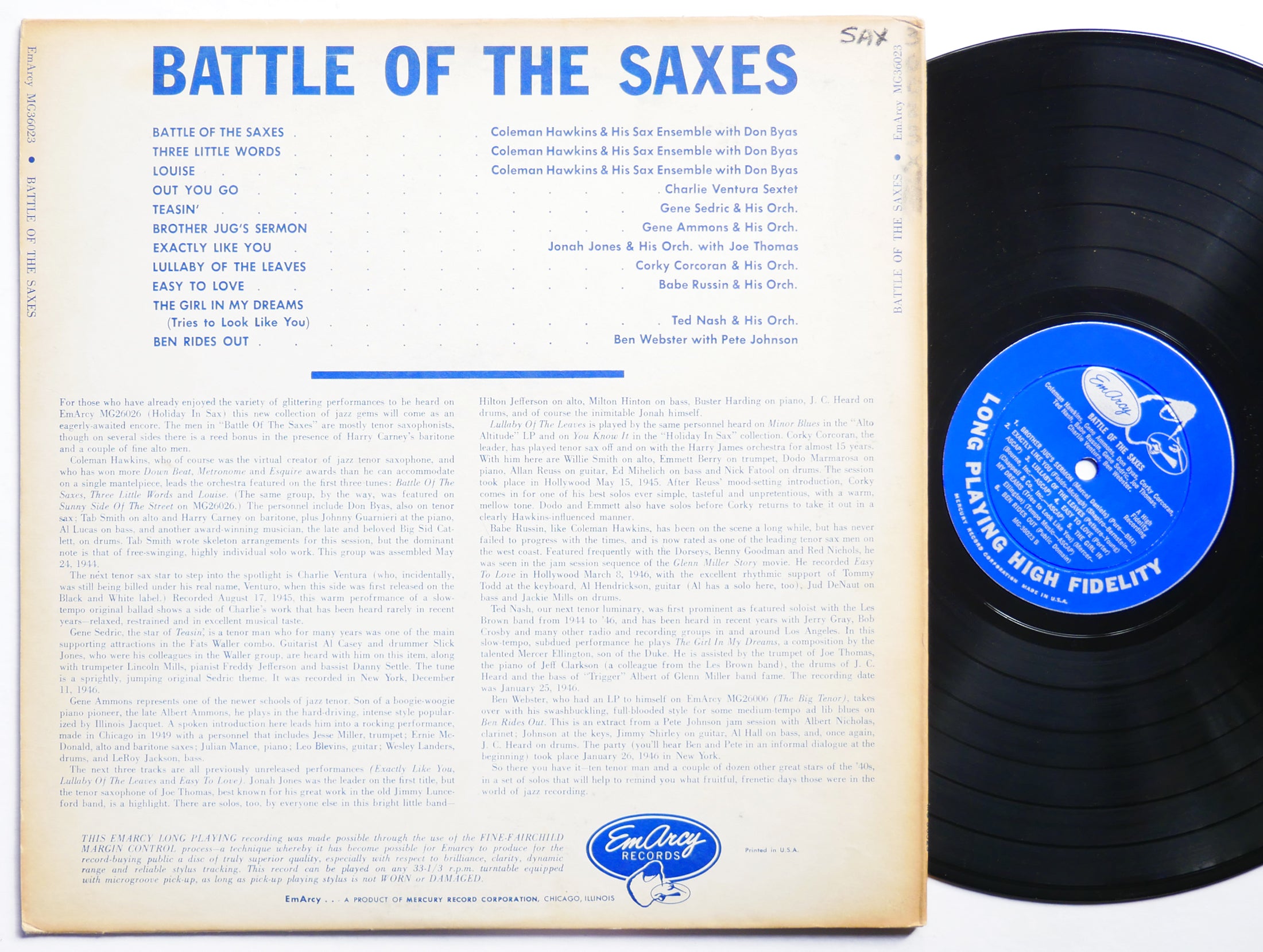 COLEMAN HAWKINS BEN WEBSTER Battle Of The Saxes LP EMARCY MG 36023 US 1956 MONO