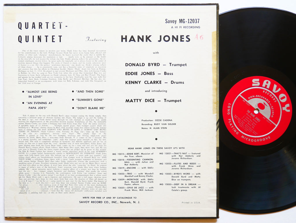 HANK JONES Quartet-Quintet LP SAVOY MG 12037 US 1956 RVG DG MONO Donald Byrd VG+