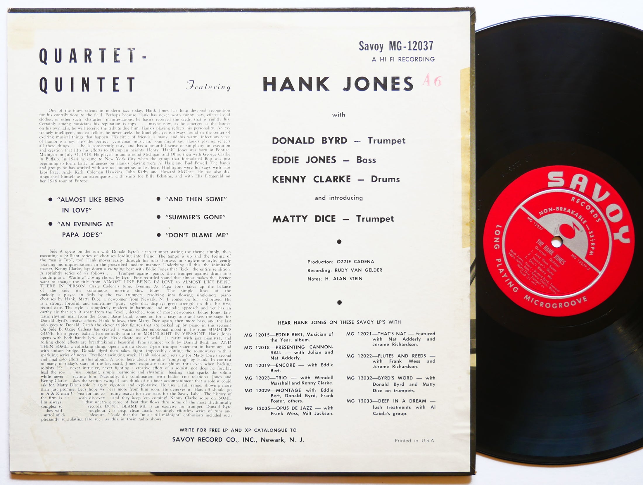 HANK JONES Quartet-Quintet LP SAVOY MG 12037 US 1956 RVG DG MONO Donald Byrd VG+