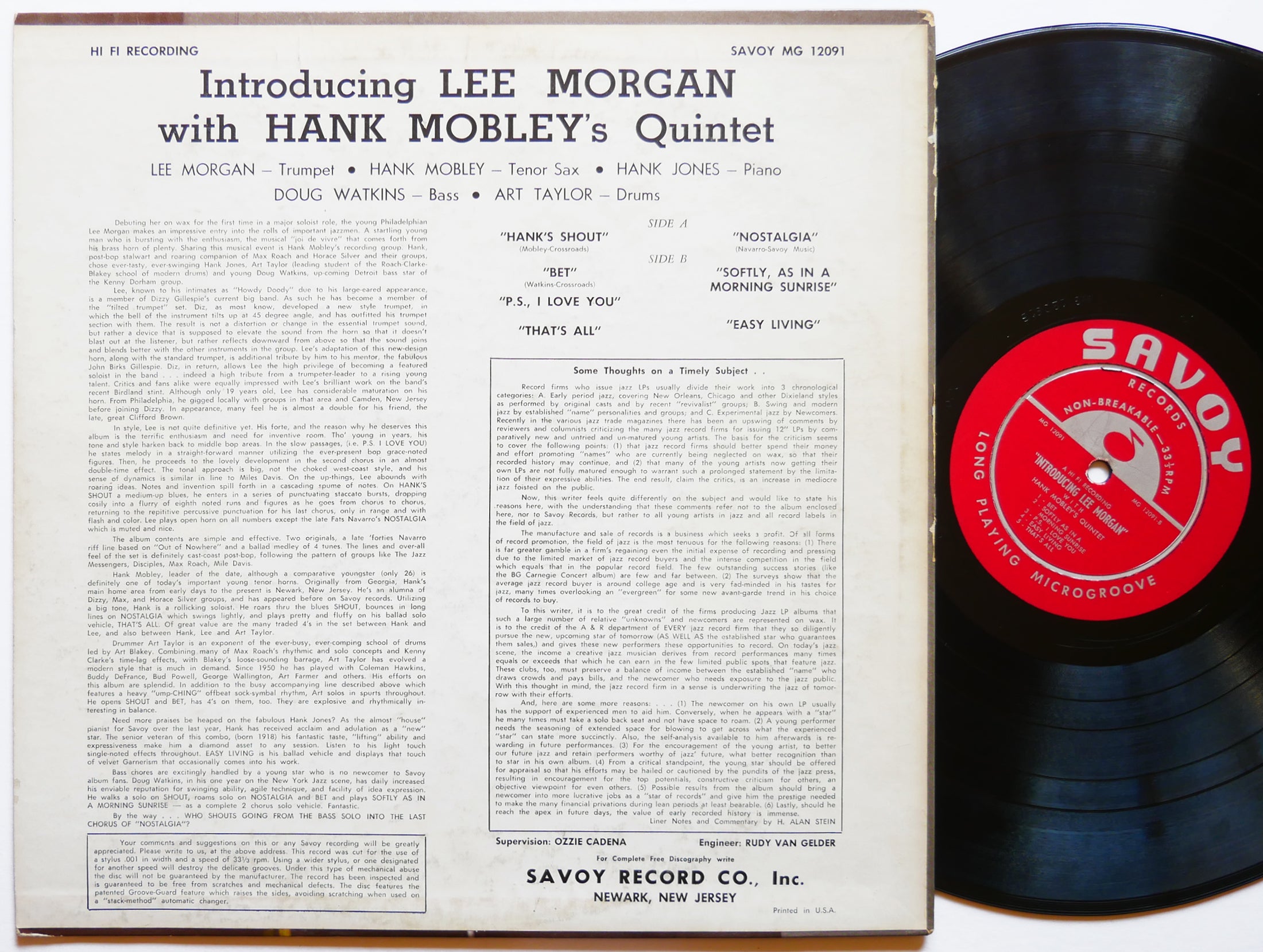 LEE MORGAN HANK MOBLEY Quintet Introducing LP SAVOY MG-12091 US 1956 RVG DG MONO
