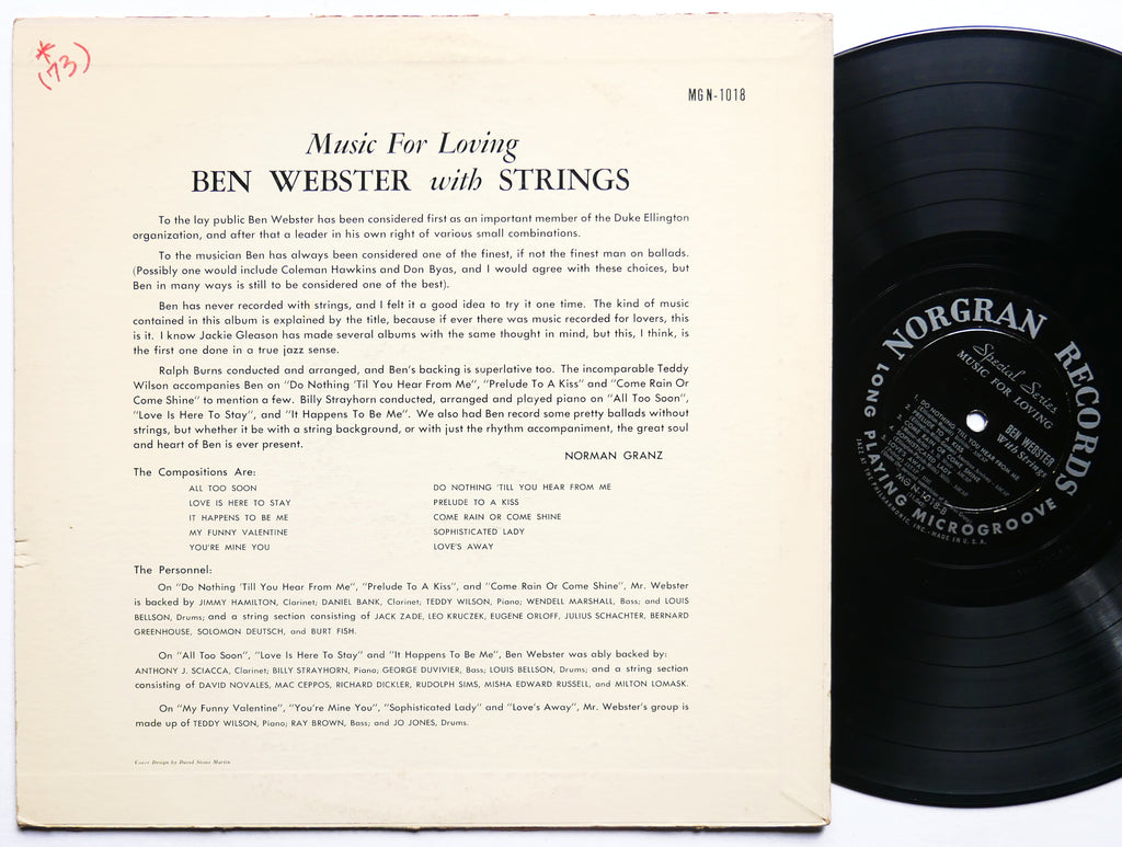 BEN WEBSTER With Strings Music For Loving LP NORGRAN MGN-1018 US 1955 DG MONO