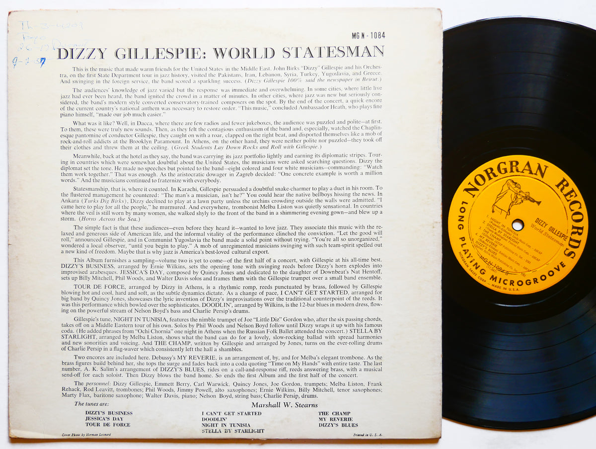 DIZZY GILLESPIE World Statesman LP NORGRAN RECORDS MG N-1084 US 1956 DG MONO