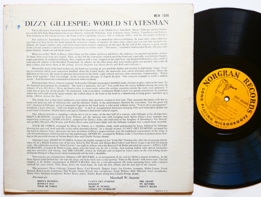 DIZZY GILLESPIE World Statesman LP NORGRAN RECORDS MG N-1084 US 1956 DG MONO