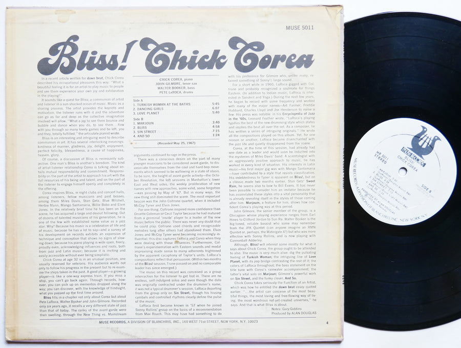 CHICK COREA Bliss! LP MUSE MR 5011 US 1973 PROMO John Gilmore Pete La Roca