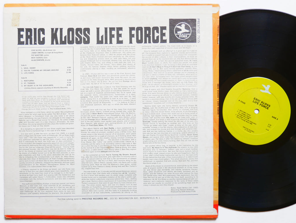 ERIC KLOSS Life Force LP PRESTIGE P 7535 US 1972 Pat Martino Jimmy Owens