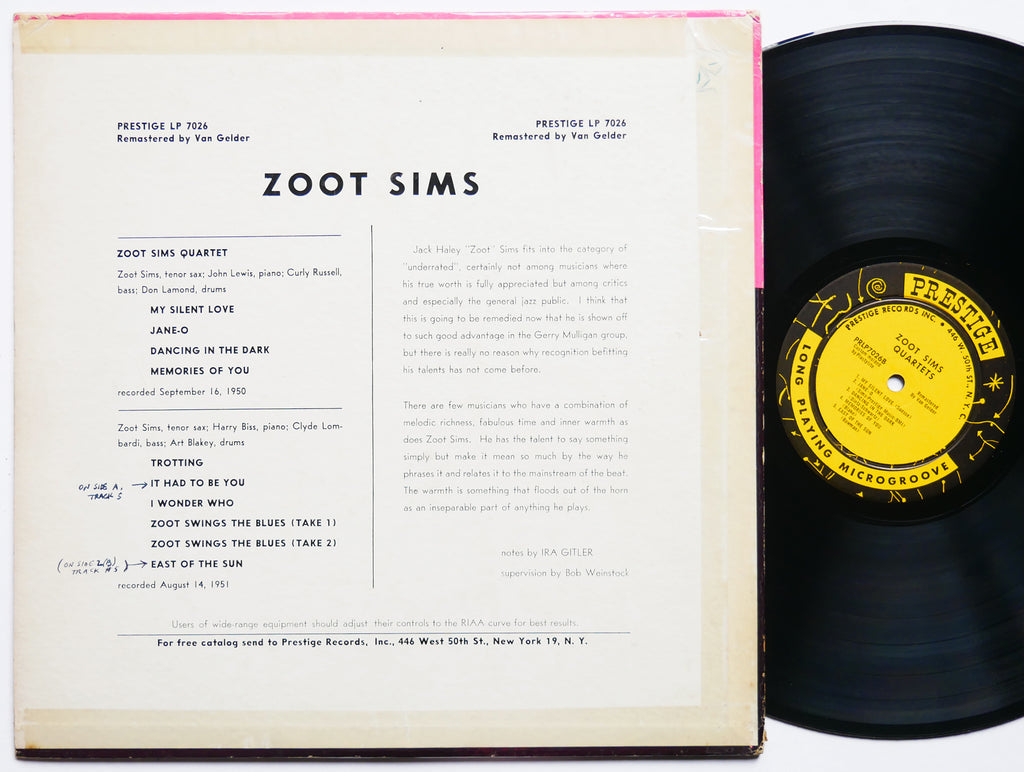 ZOOT SIMS Quartets LP PRESTIGE PRLP 7026 US 1956 W. 50th RVG DG MONO Art Blakey