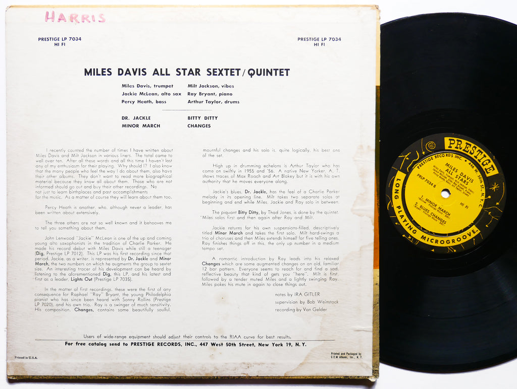 MILES DAVIS MILT JACKSON Quintet / Sextet LP PRESTIGE 7034 US 1956 Jackie McLean