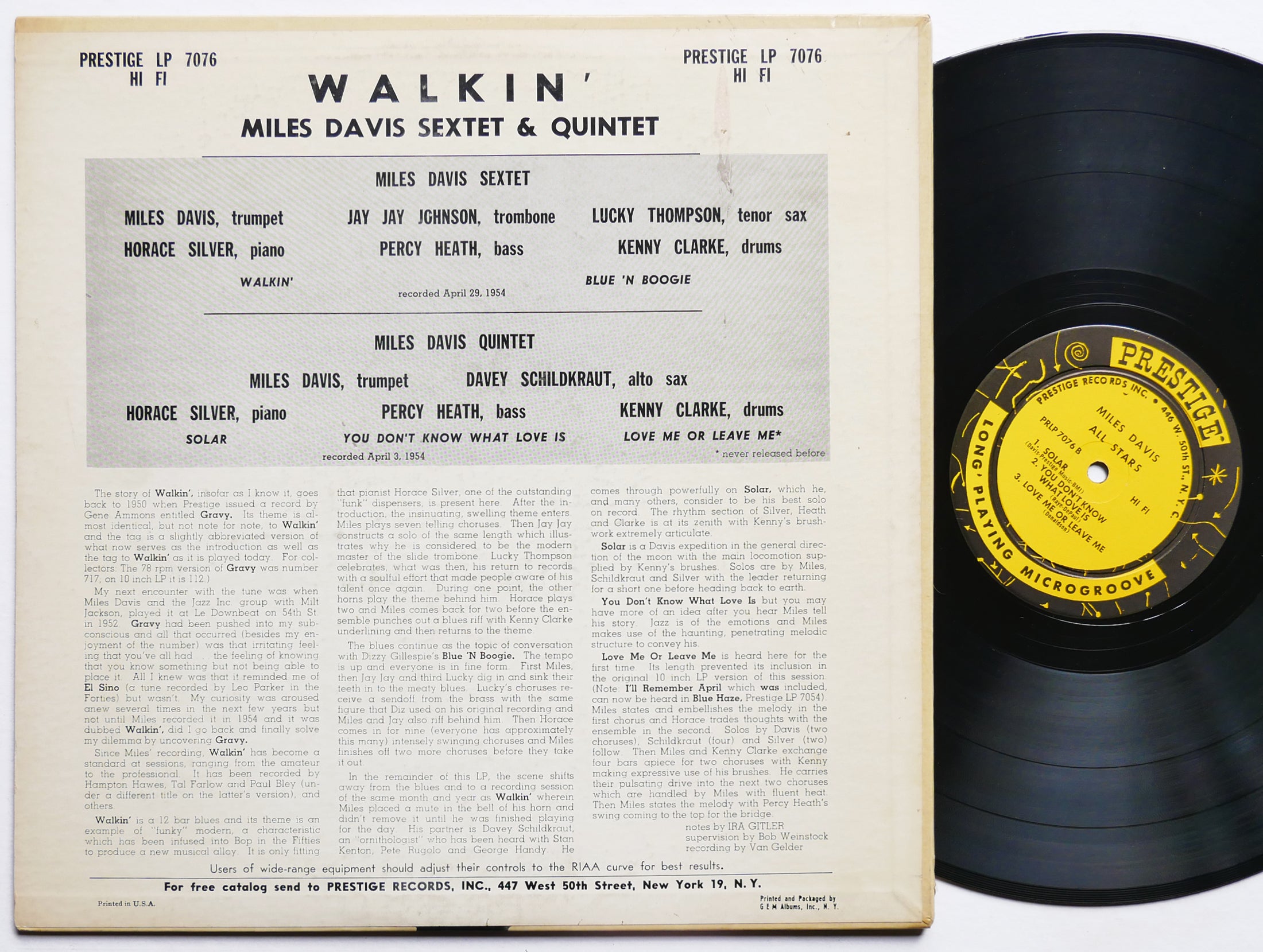 MILES DAVIS ALL STARS Walkin' LP PRESTIGE PRLP 7076 US 1957 W.50th RVG MONO VG+