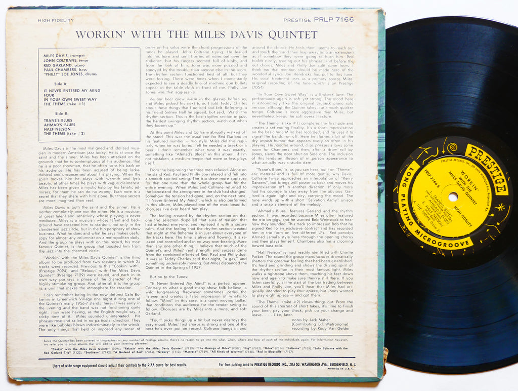 MILES DAVIS Workin' LP PRESTIGE PRLP 7166 US 1959 NJ RVG DG MONO John Coltrane