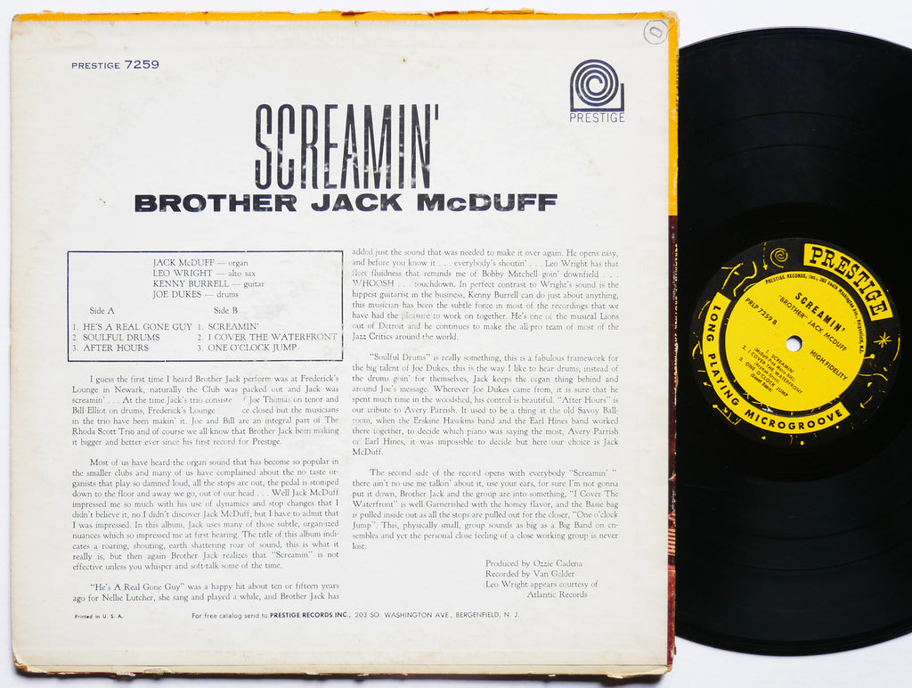 BROTHER JACK MCDUFF Screamin' LP PRESTIGE PRLP 7259 US 1963 MONO Kenny Burrell
