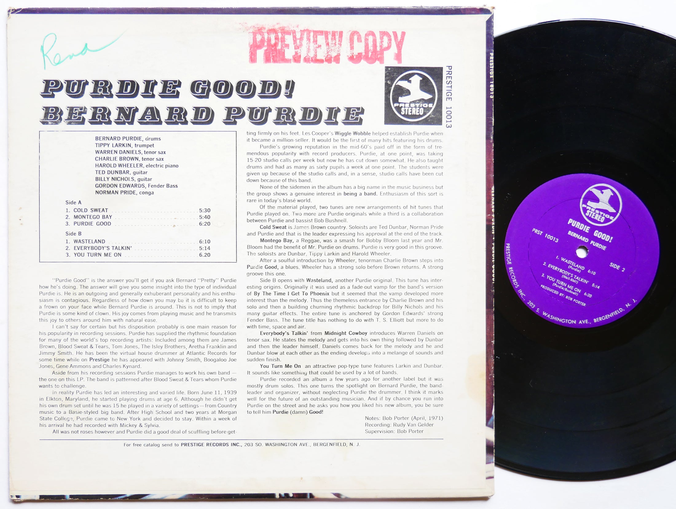 BERNARD PURDIE Purdie Good! LP PRESTIGE PRST 10013 US 1971 RVG JAZZ FUNK