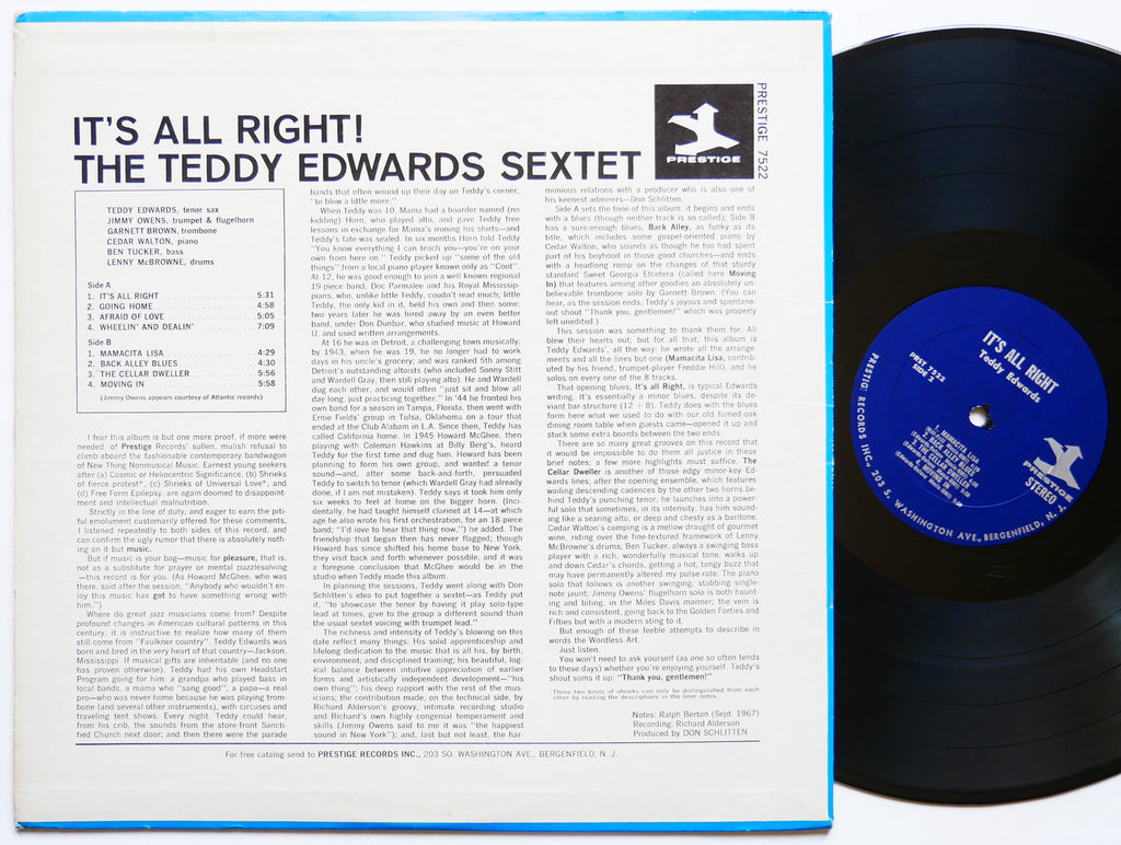 TEDDY EDWARDS Sextet It's All Right LP PRESTIGE PRST 7522 US 1967 Cedar Walton