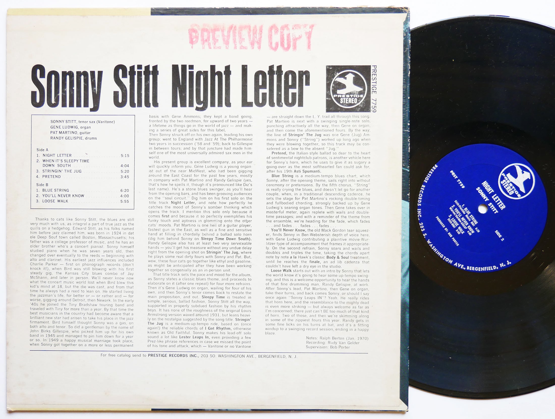 SONNY STITT Night Letter LP PRESTIGE PRST 7759 Orig US 1969 RVG JAZZ Pat Martino