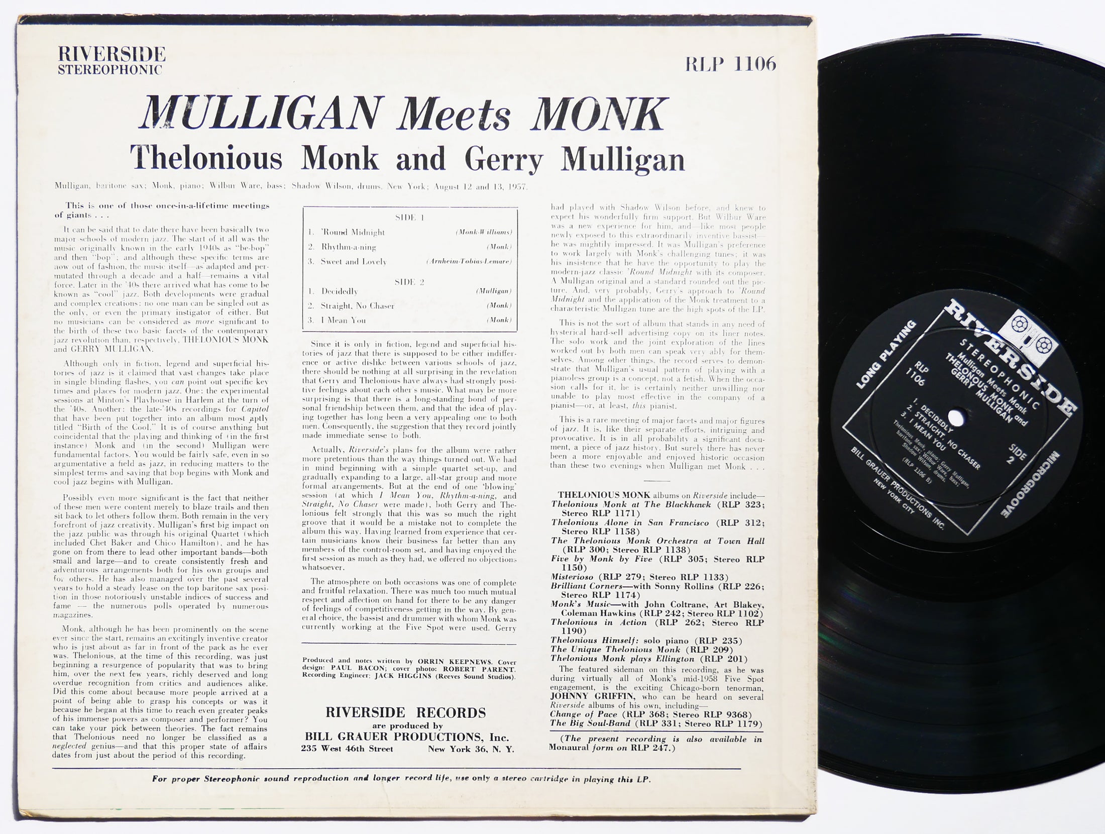 THELONIOUS MONK Meets GERRY MULLIGAN LP RIVERSIDE RLP 1106 US 1959 Wilbur Ware