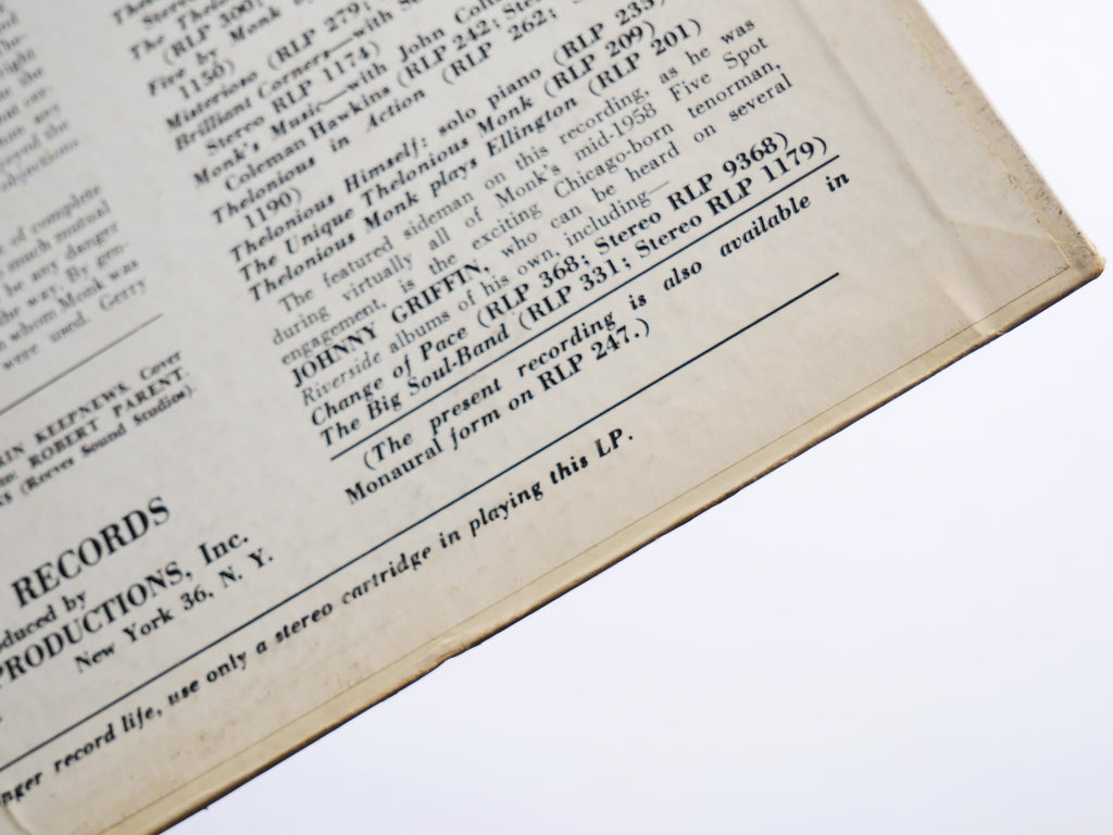 THELONIOUS MONK Meets GERRY MULLIGAN LP RIVERSIDE RLP 1106 US 1959 Wilbur Ware