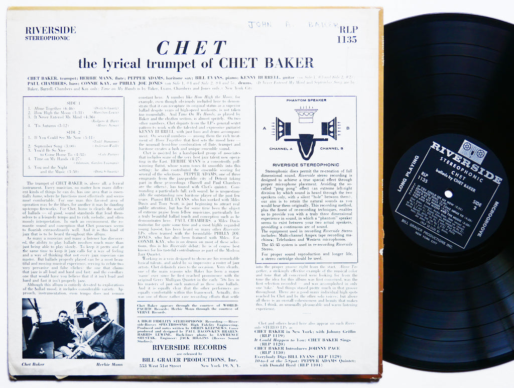CHET BAKER Chet LP RIVERSIDE RECORDS RLP-1135 US 1963 Bill Evans Paul Chambers