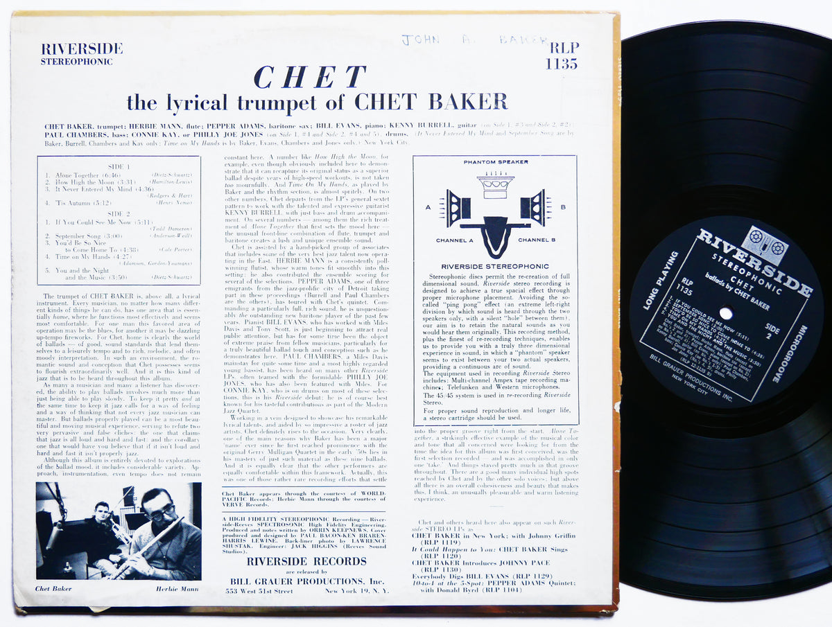 CHET BAKER Chet LP RIVERSIDE RECORDS RLP-1135 US 1963 Bill Evans Paul Chambers