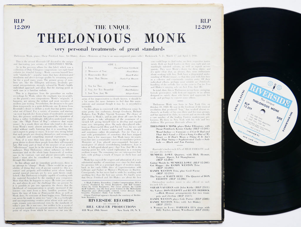 THELONIOUS MONK The Unique LP RIVERSIDE RLP 12-209 US 1956 DG MONO Art Blakey