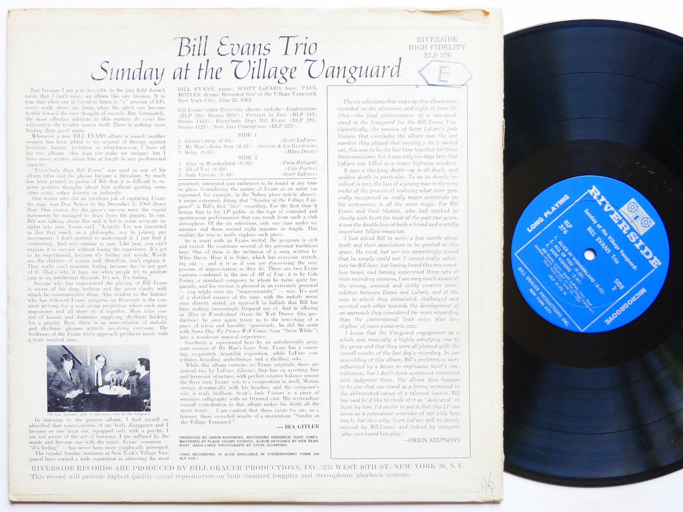 BILL EVANS SCOTT LA FARO Sunday At The Village Vanguard RIVERSIDE RLP 376 MONO