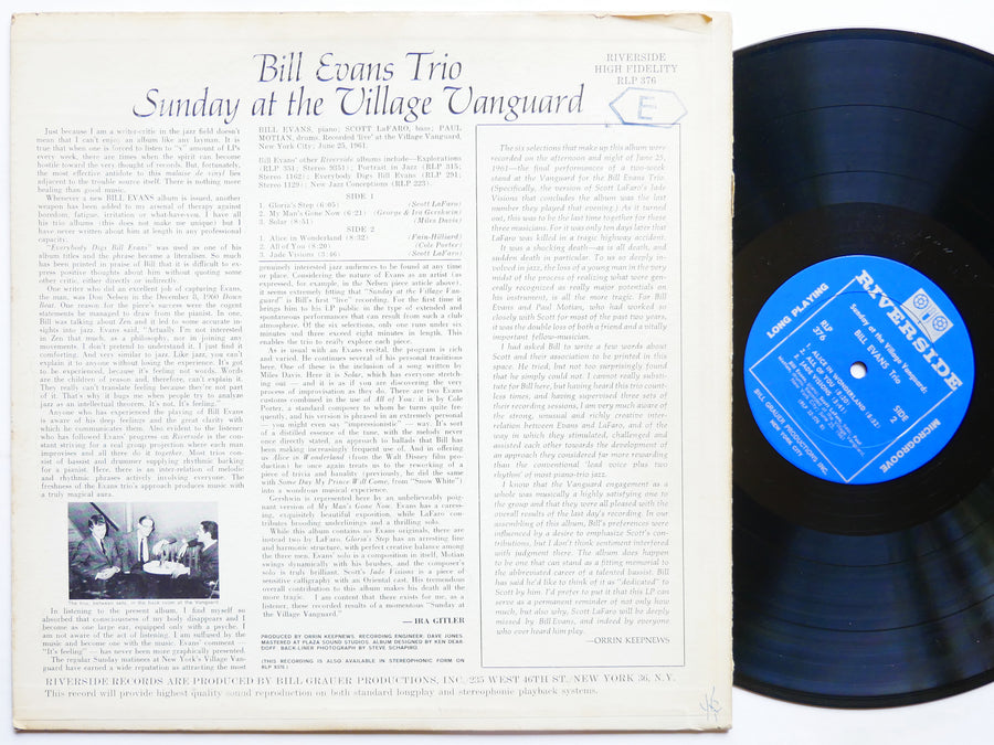 BILL EVANS SCOTT LA FARO Sunday At The Village Vanguard RIVERSIDE RLP 376 MONO